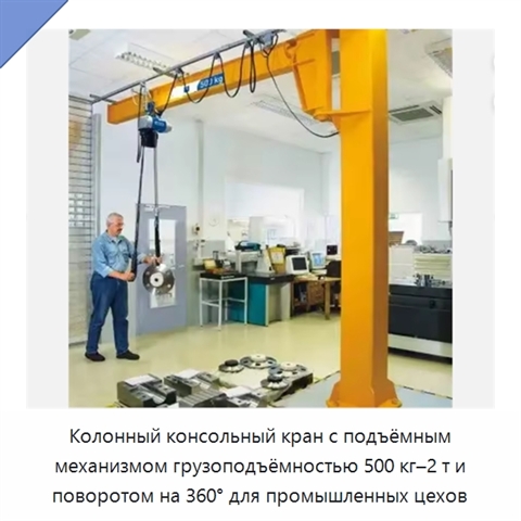 Колонный консольный кран с подъёмным механизмом грузоподъёмностью 500 кг–2 т и поворотом на 360° для промышленных цехов
