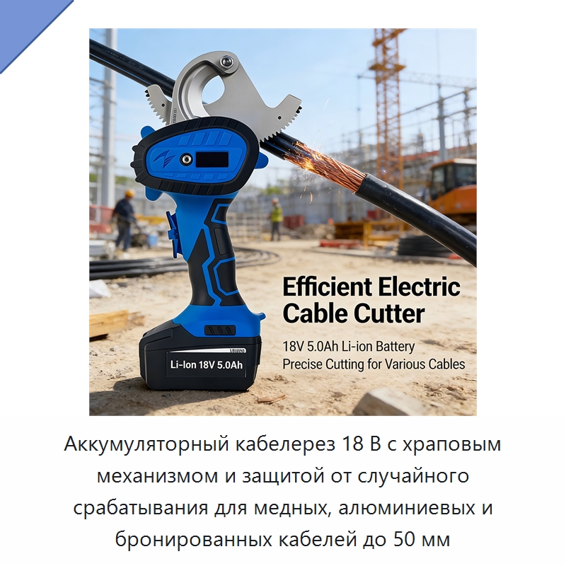 Аккумуляторный кабелерез 18 В с храповым механизмом и защитой от случайного срабатывания для медных, алюминиевых и бронированных кабелей до 50 мм — Прочие гидравлические инструменты