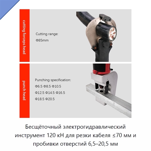 Бесщёточный электрогидравлический инструмент 120 кН для резки кабеля ≤70 мм и пробивки отверстий 6,5–20,5 мм