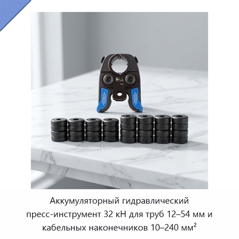Аккумуляторный гидравлический пресс-инструмент 32 кН для труб 12–54 мм и кабельных наконечников 10–240 мм²