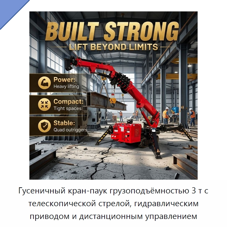 Гусеничный кран-паук грузоподъёмностью 3 т с телескопической стрелой, гидравлическим приводом и дистанционным управлением