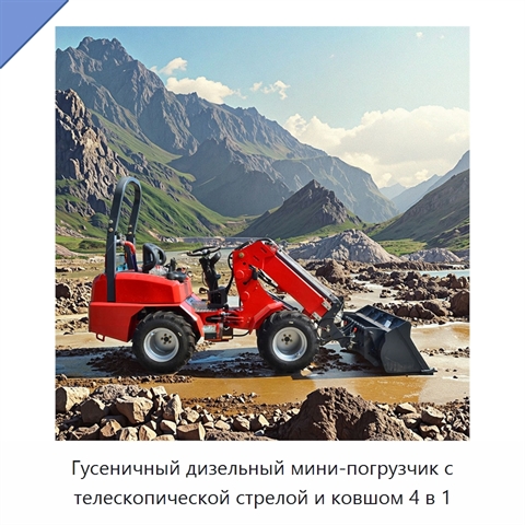 Гусеничный дизельный мини-погрузчик с телескопической стрелой и ковшом 4 в 1