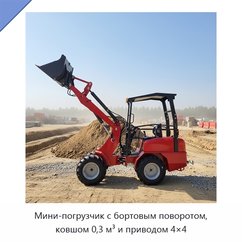 Мини-погрузчик с бортовым поворотом, ковшом 0,3 м³ и приводом 4×4