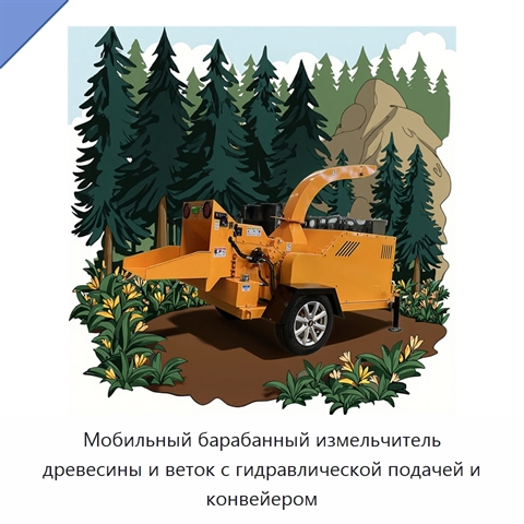 Мобильный барабанный измельчитель древесины и веток с гидравлической подачей и конвейером