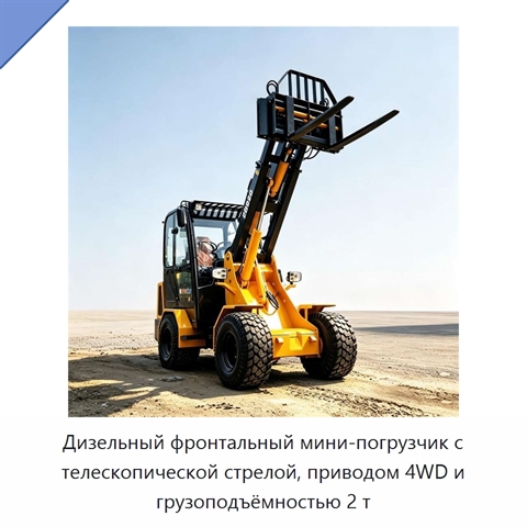 Дизельный фронтальный мини-погрузчик с телескопической стрелой, приводом 4WD и грузоподъёмностью 2 т