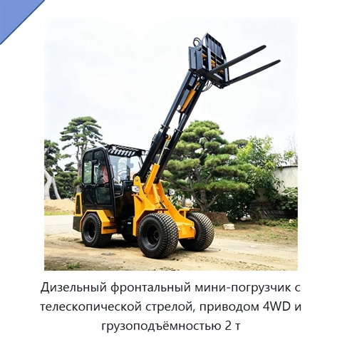 Дизельный фронтальный мини-погрузчик с телескопической стрелой, приводом 4WD и грузоподъёмностью 2 т