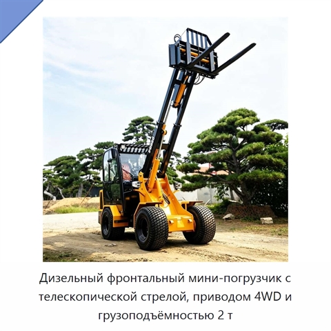 Дизельный фронтальный мини-погрузчик с телескопической стрелой, приводом 4WD и грузоподъёмностью 2 т