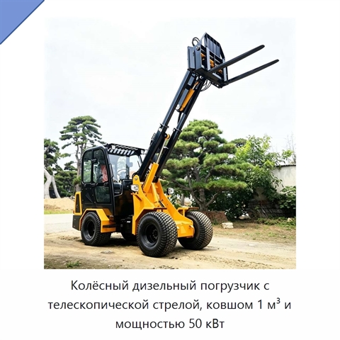 Колёсный дизельный погрузчик с телескопической стрелой, ковшом 1 м³ и мощностью 50 кВт