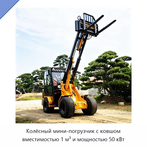 Колёсный мини-погрузчик с ковшом вместимостью 1 м³ и мощностью 50 кВт