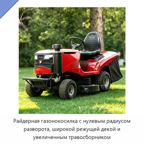 Райдерная газонокосилка с нулевым радиусом разворота, широкой режущей декой и увеличенным травосборником
