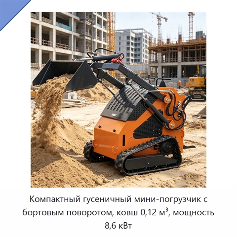 Компактный гусеничный мини-погрузчик с бортовым поворотом, ковш 0,12 м³, мощность 8,6 кВт