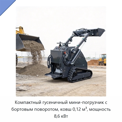 Компактный гусеничный мини-погрузчик с бортовым поворотом, ковш 0,12 м³, мощность 8,6 кВт