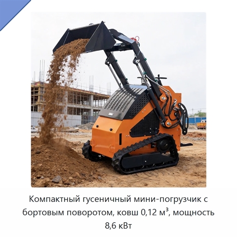Компактный гусеничный мини-погрузчик с бортовым поворотом, ковш 0,12 м³, мощность 8,6 кВт