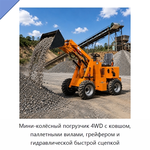 Мини-колёсный погрузчик 4WD с ковшом, паллетными вилами, грейфером и гидравлической быстрой сцепкой