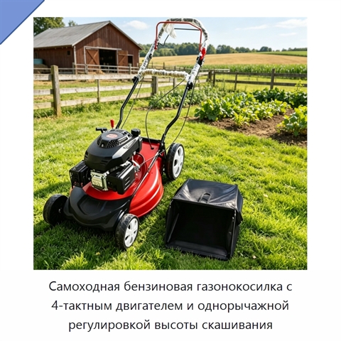 Самоходная бензиновая газонокосилка с 4-тактным двигателем и однорычажной регулировкой высоты скашивания