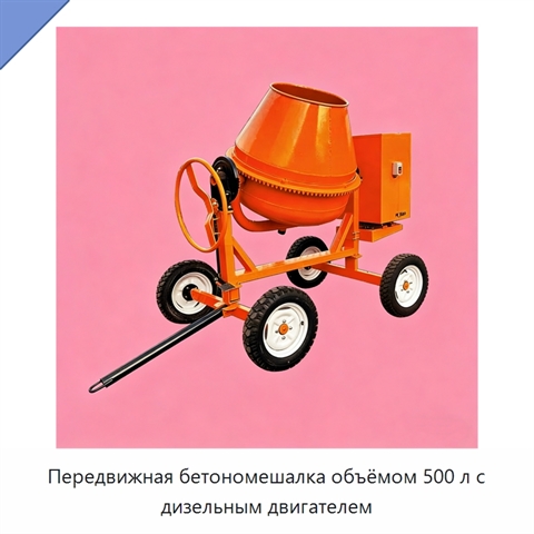 Передвижная бетономешалка объёмом 500 л с дизельным двигателем