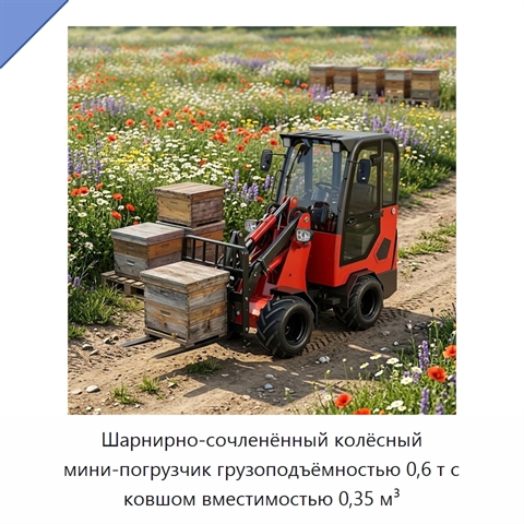 Шарнирно-сочленённый колёсный мини-погрузчик грузоподъёмностью 0,6 т с ковшом вместимостью 0,35 м³