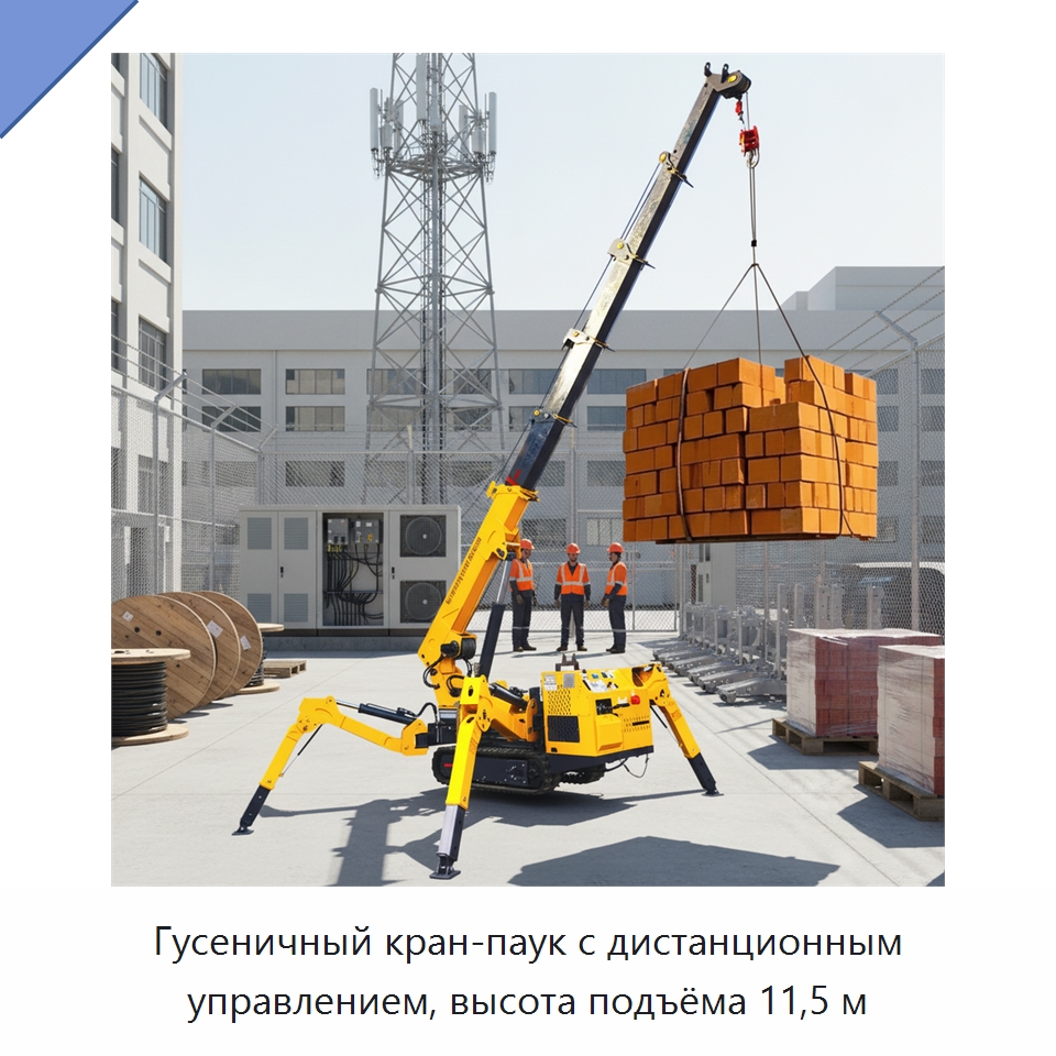 Гусеничный кран-паук с дистанционным управлением, высота подъёма 11,5 м — Краны