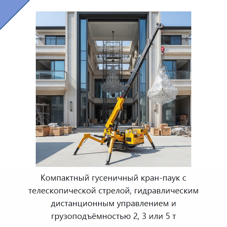 Компактный гусеничный кран-паук с телескопической стрелой, гидравлическим дистанционным управлением и грузоподъёмностью 2, 3 или 5 т — Краны