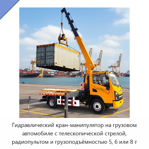Гидравлический кран-манипулятор на грузовом автомобиле с телескопической стрелой, радиопультом и грузоподъёмностью 5, 6 или 8 т