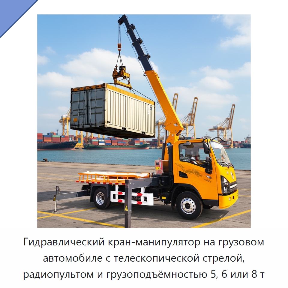 Гидравлический кран-манипулятор на грузовом автомобиле с телескопической стрелой, радиопультом и грузоподъёмностью 5, 6 или 8 т — Краны
