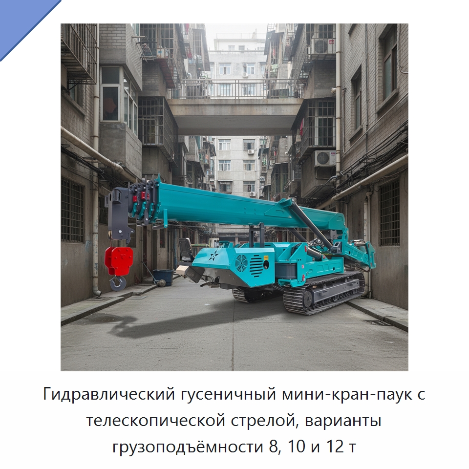 Гидравлический гусеничный мини-кран-паук с телескопической стрелой, варианты грузоподъёмности 8, 10 и 12 т — Краны