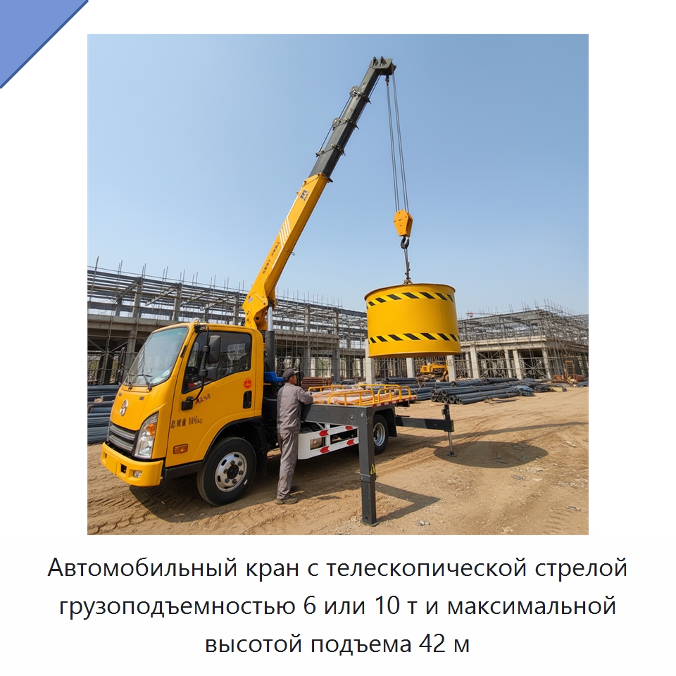 Автомобильный кран с телескопической стрелой грузоподъемностью 6 или 10 т и максимальной высотой подъема 42 м — Краны