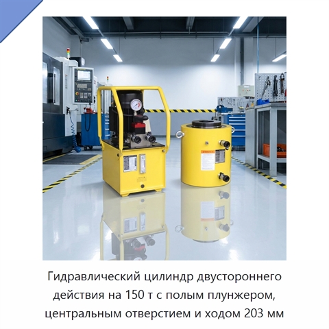 Гидравлический цилиндр двустороннего действия на 150 т с полым плунжером, центральным отверстием и ходом 203 мм