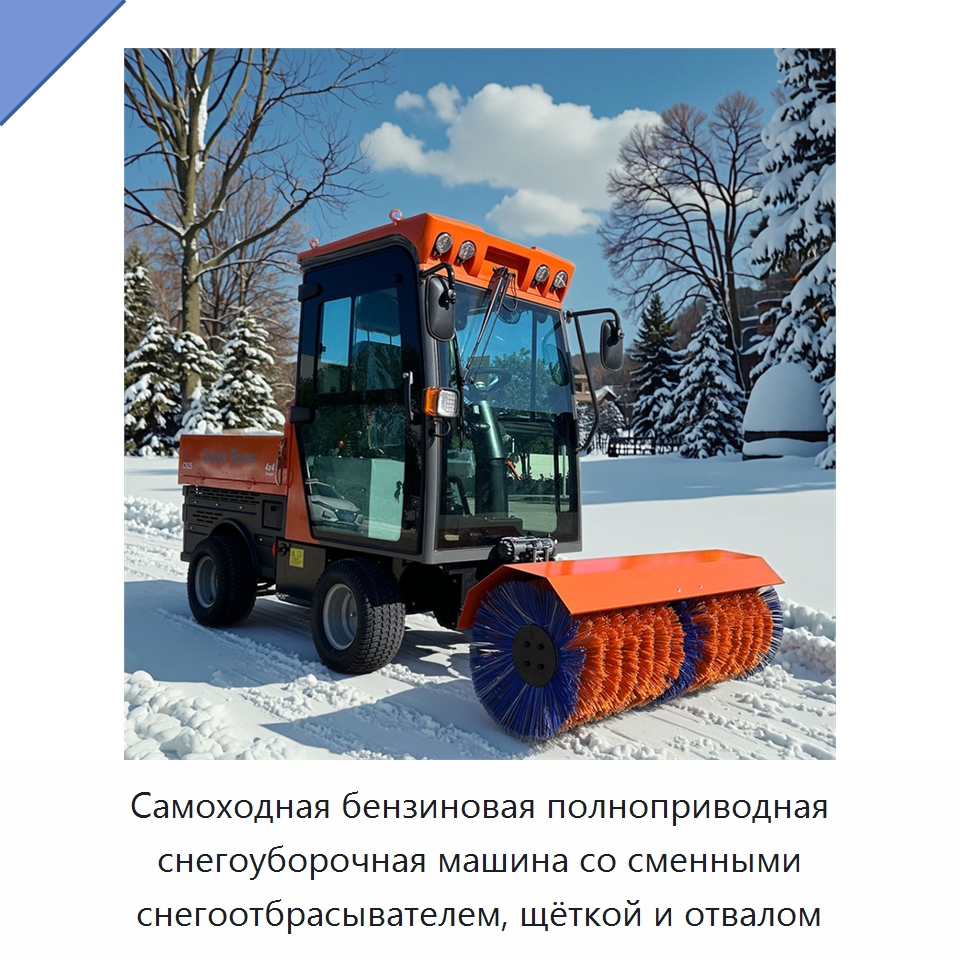 Самоходная бензиновая полноприводная снегоуборочная машина со сменными снегоотбрасывателем, щёткой и отвалом — Коммунальная техника