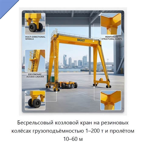 Бесрельсовый козловой кран на резиновых колёсах грузоподъёмностью 1–200 т и пролётом 10–60 м