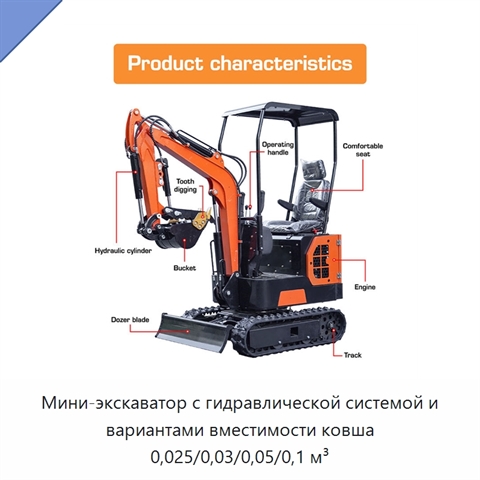 Мини-экскаватор с гидравлической системой и вариантами вместимости ковша 0,025/0,03/0,05/0,1 м³