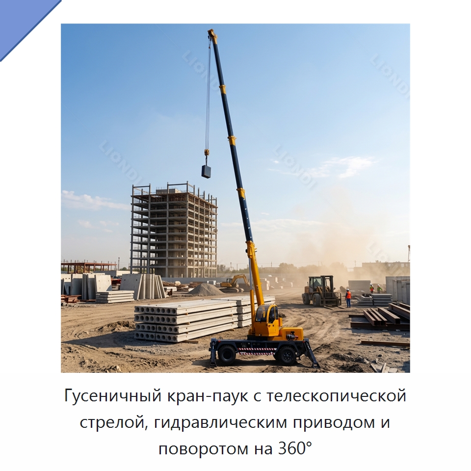 Гусеничный кран-паук с телескопической стрелой, гидравлическим приводом и поворотом на 360° — Краны