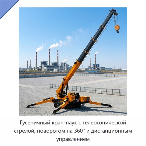 Гусеничный кран-паук с телескопической стрелой, поворотом на 360° и дистанционным управлением