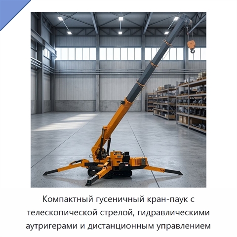 Компактный гусеничный кран-паук с телескопической стрелой, гидравлическими аутригерами и дистанционным управлением