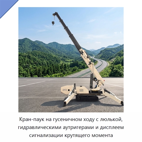 Кран-паук на гусеничном ходу с люлькой, гидравлическими аутригерами и дисплеем сигнализации крутящего момента
