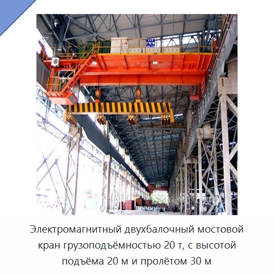 Электромагнитный двухбалочный мостовой кран грузоподъёмностью 20 т, с высотой подъёма 20 м и пролётом 30 м — Краны