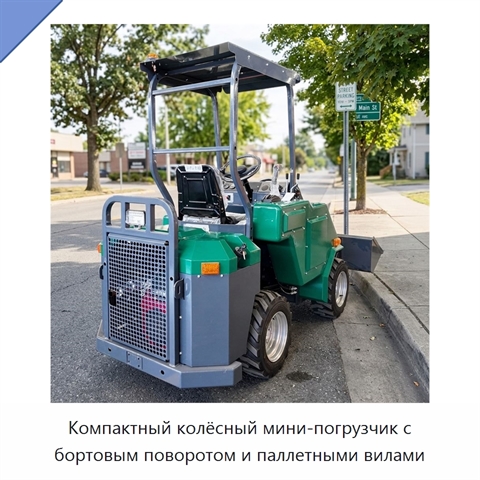 Компактный колёсный мини-погрузчик с бортовым поворотом и паллетными вилами