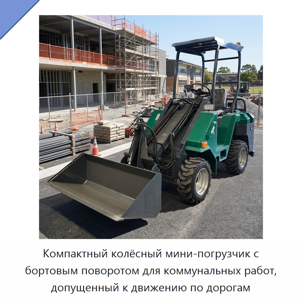 Компактный колёсный мини-погрузчик с бортовым поворотом для коммунальных работ, допущенный к движению по дорогам — Землеройная техника