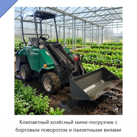 Компактный колёсный мини-погрузчик с бортовым поворотом и паллетными вилами