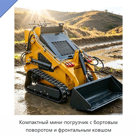 Компактный мини-погрузчик с бортовым поворотом и фронтальным ковшом