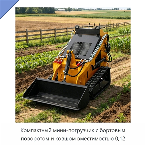 Компактный мини-погрузчик с бортовым поворотом и ковшом вместимостью 0,12