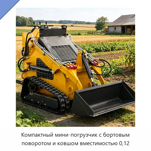 Компактный мини-погрузчик с бортовым поворотом и ковшом вместимостью 0,12