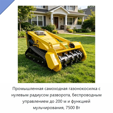 Промышленная самоходная газонокосилка с нулевым радиусом разворота, беспроводным управлением до 200 м и функцией мульчирования, 7500 Вт