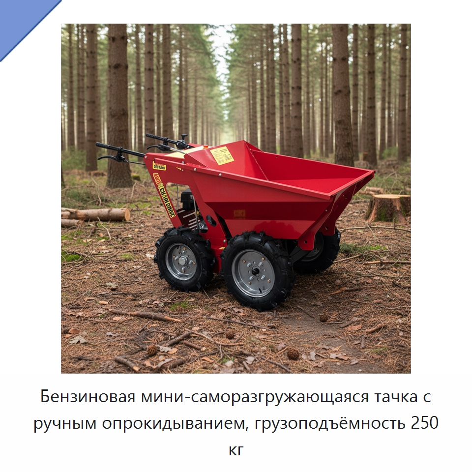 Бензиновая мини-саморазгружающаяся тачка с ручным опрокидыванием, грузоподъёмность 250 кг — Ручные грузовые тележки