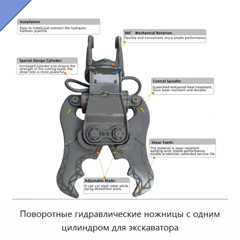 Поворотные гидравлические ножницы с одним цилиндром для экскаватора