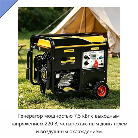 Генератор мощностью 7,5 кВт с выходным напряжением 220 В, четырехтактным двигателем и воздушным охлаждением