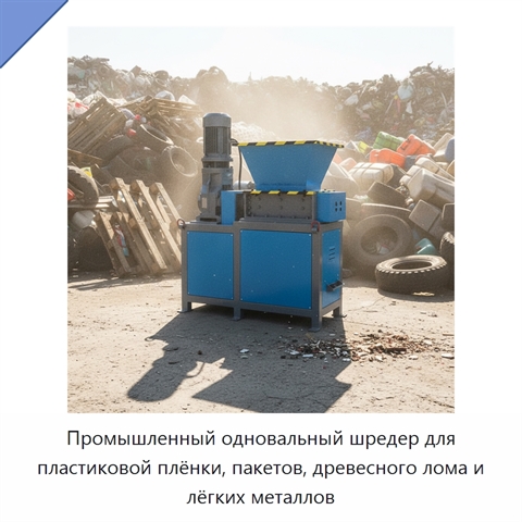 Промышленный одновальный шредер для пластиковой плёнки, пакетов, древесного лома и лёгких металлов
