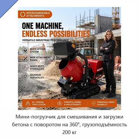 Мини-погрузчик для смешивания и загрузки бетона с поворотом на 360°, грузоподъёмность 200 кг