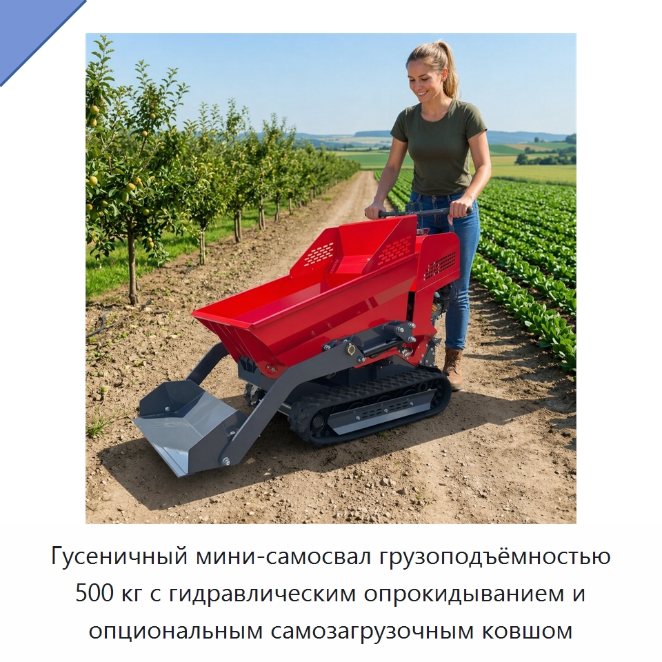 Гусеничный мини-самосвал грузоподъёмностью 500 кг с гидравлическим опрокидыванием и опциональным самозагрузочным ковшом — Землеройная техника