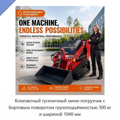 Компактный гусеничный мини-погрузчик с бортовым поворотом грузоподъёмностью 300 кг и шириной 1040 мм